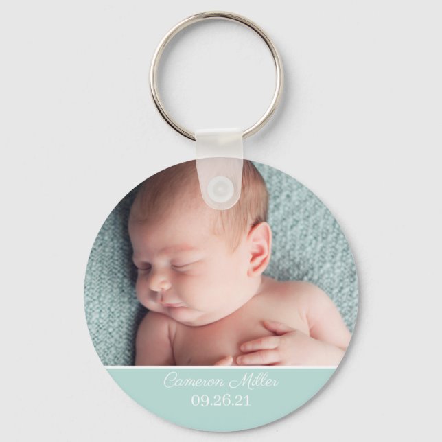Baby Photo Elegant Mint Grönt Birth Notice Nyckelring (Framsida)