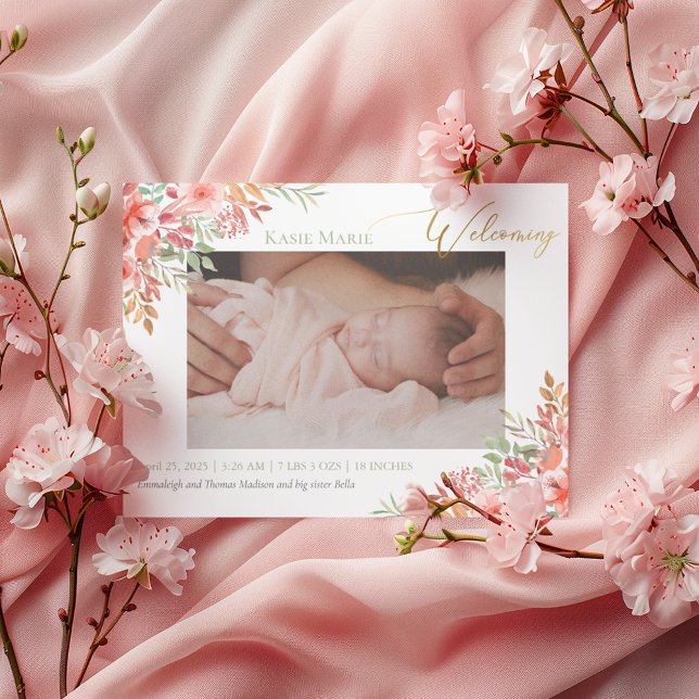Baby Photo Elegant  Rosa Blommigt Födelseort Meddelande (Skapare uppladdad)