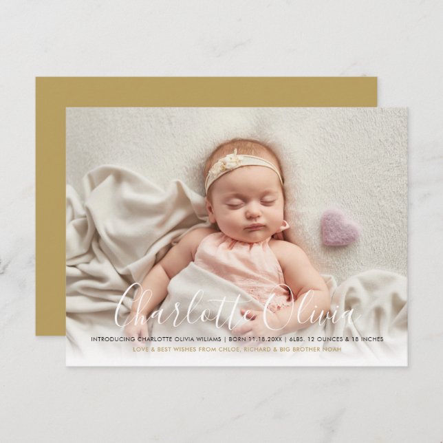 Baby Photo Elegant Script Namn Guld Birth Meddelande Vykort (Fram/baksida)
