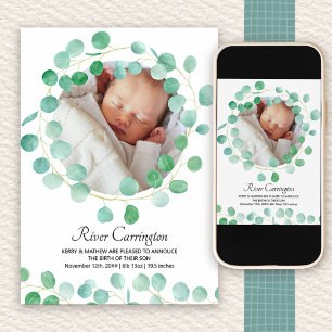 Baby Photo Eucalyptus Greenery Unisex Birth Meddelande