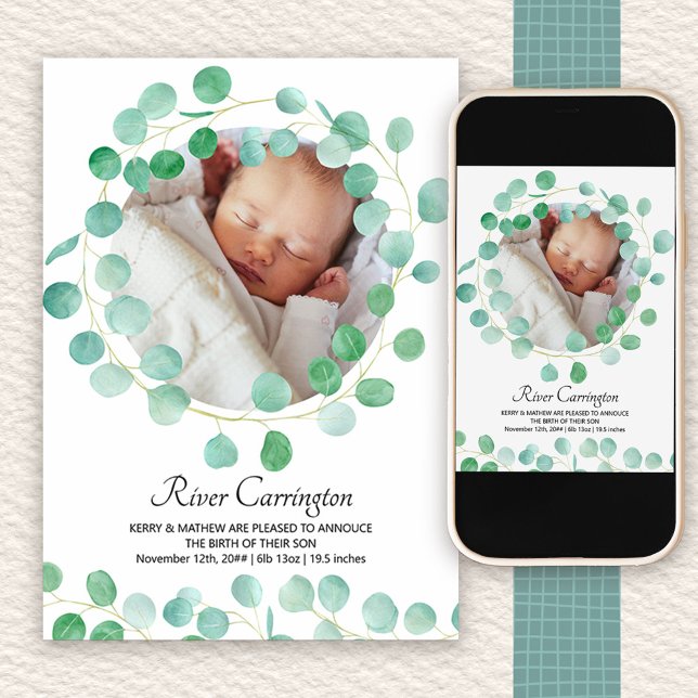 Baby Photo Eucalyptus Greenery Unisex Birth Meddelande (Photo birth announcement to order printed or as a printable digital download)