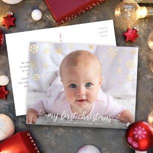 Baby Photo Första julskript Guld Snöflingor Helg Vykort