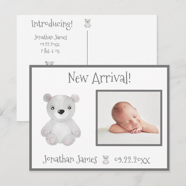 Baby Photo Gender Neutral Typography Namn Stats Meddelande Vykort (Fram/baksida)