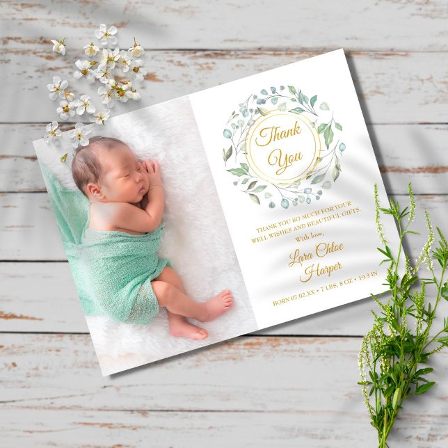 Baby Photo Greenery Floral Gold Thank You Birth Meddelande Vykort (Skapare uppladdad)