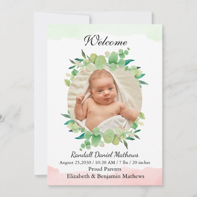 Baby Photo Greenery Modern Baby Birth Meddelande (Framsida)
