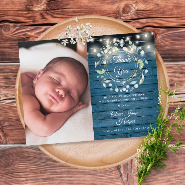 Baby Photo Greenery Rustic Blue Tack Birth Meddelande Vykort (Skapare uppladdad)