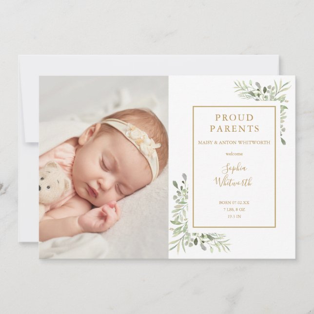 Baby Photo Greenery Script Birth Notice Meddelande (Framsida)