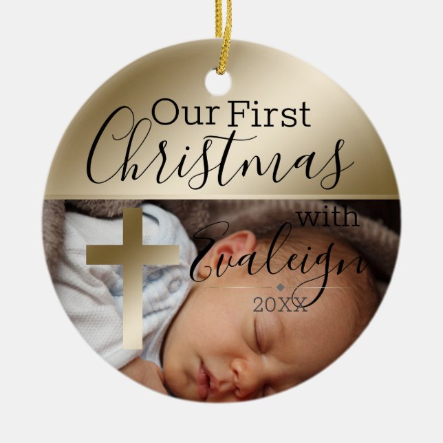 Baby Photo Guld Religiösa Kor Första jul Julgransprydnad Keramik (Framsidan)