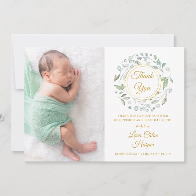 Baby Photo Guld Tack Greenery Blommigt Birth Meddelande (Framsida)