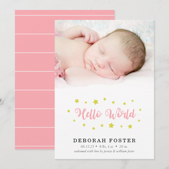 Baby Photo Hej World Birth Meddelande (Fram/baksida)