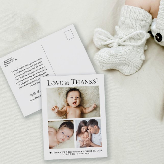 Baby Photo Kärlek och tack Birth Notice Vykort (Minimalist, modern Love and thanks, heart birth announcement 3 photo postcard.)