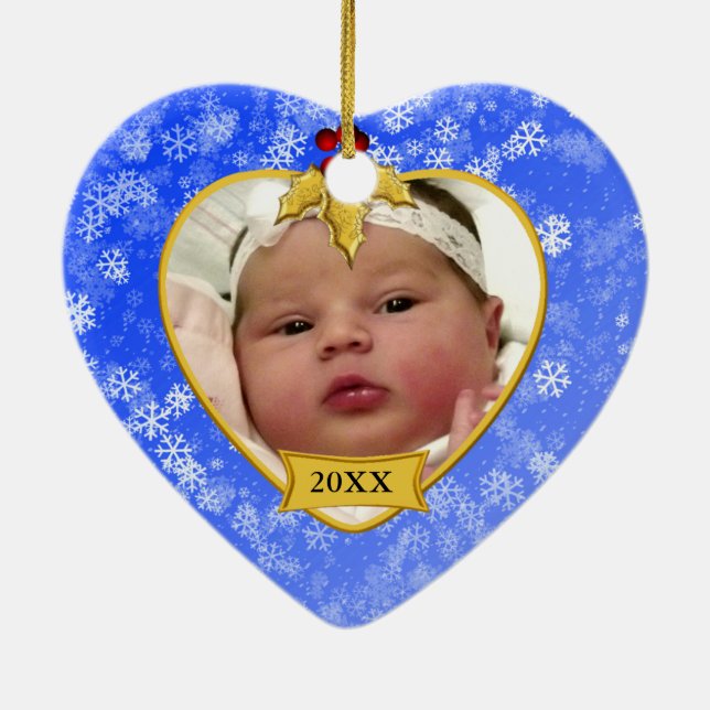 Baby Photo Keepsaky Guld Blue Snowy jul Julgransprydnad Keramik (Baksidan)