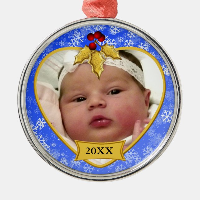 Baby Photo Keepsaky Guld Blue Snowy jul Julgransprydnad Metall (Framsidan)