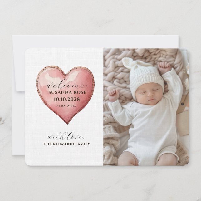 Baby Photo Modern Heart Birth Announcement Card Meddelande (Framsida)