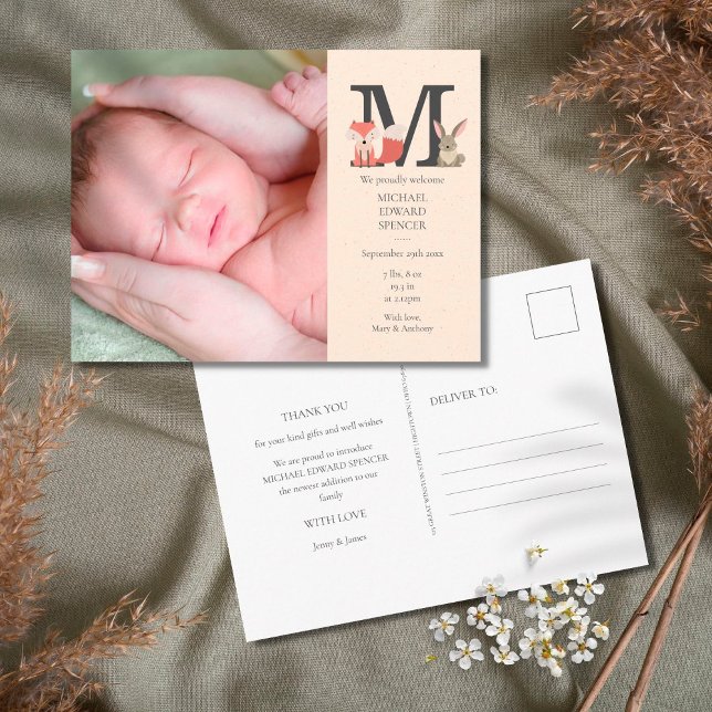 Baby Photo Monogram Birth Notice Vykort (Skapare uppladdad)