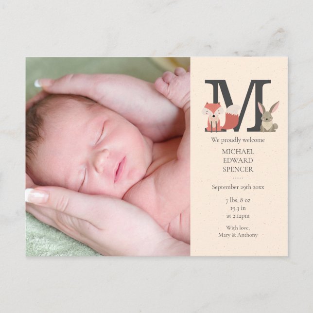 Baby Photo Monogram Woodland Animals Birance Meddelande Vykort (Framsida)