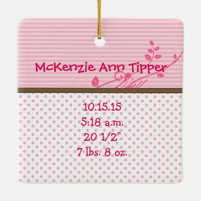Baby Photo Ornament med Births Stats Rosa Dots (Baksida)
