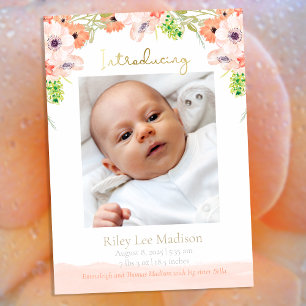 Baby Photo Peach Blommigt Modern Birth Meddelande