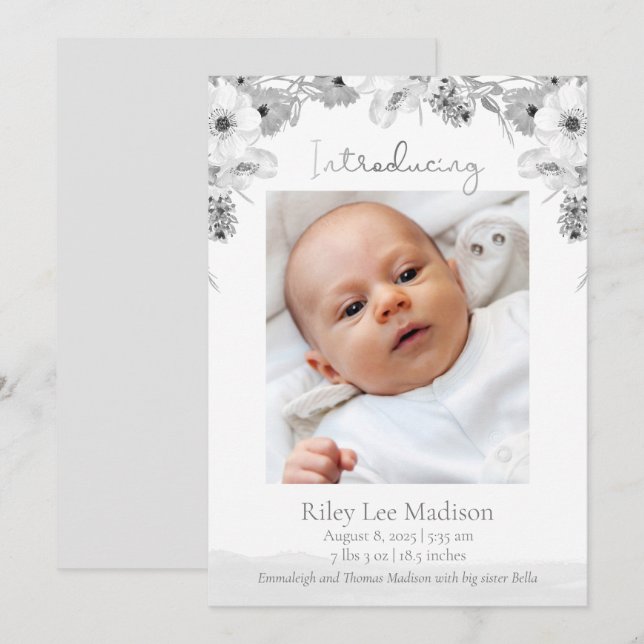 Baby Photo Peach Modern Grått Blommigt Meddelande (Fram/baksida)