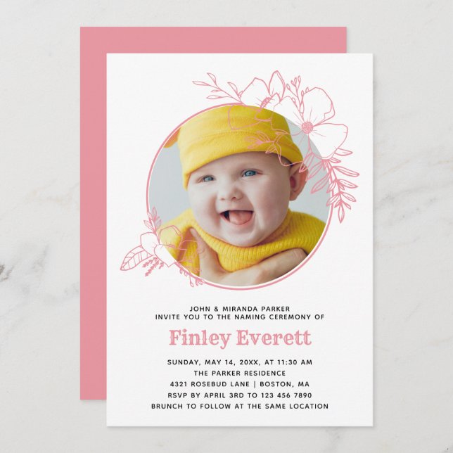 Baby Photo Rosa Blommigt Ram Naming Ceremony Inbjudningar (Fram/baksida)