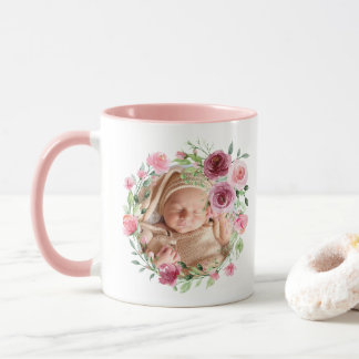 Baby Photo Rosa Flowers Watercolor Namn Blommigt Mugg