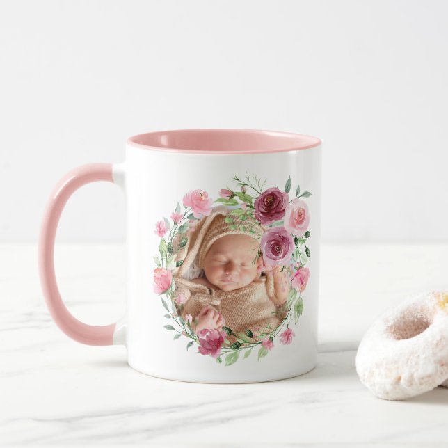 Baby Photo Rosa Flowers Watercolor Namn Blommigt Mugg (Med munk)