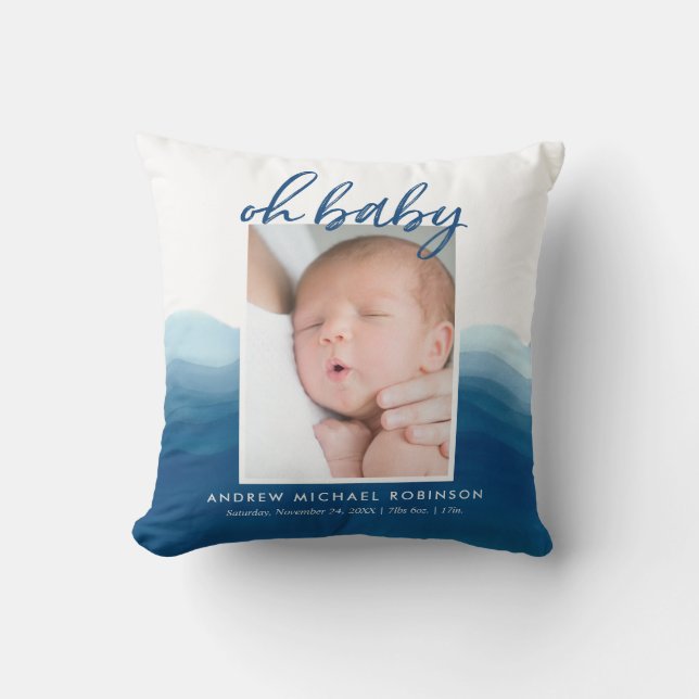 Baby Photo Stats Blue Ombre Watercolor Kudde (Framsida)