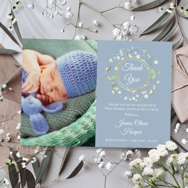 Baby Photo Tack Greenery Dusty Blue Birth Meddelande (Baby Photo Thank You Greenery Dusty Blue Birth Announcement)