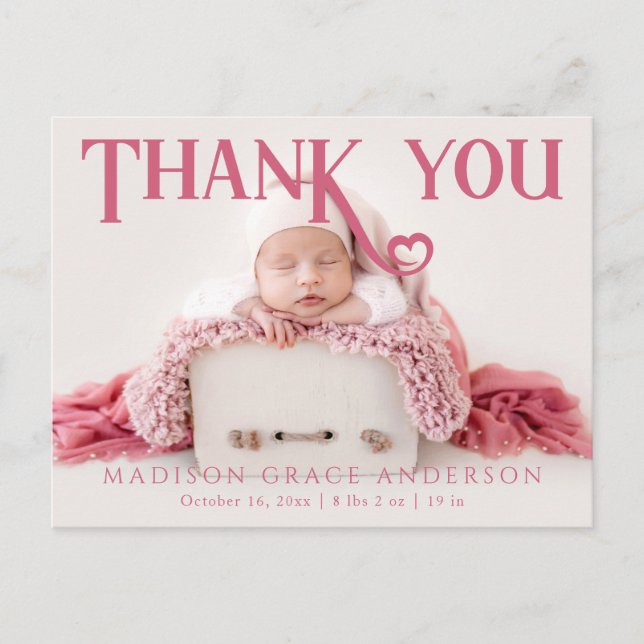 Baby Photo Tack Modern Heart Birth Meddelande Vykort (Framsida)