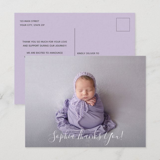 Baby Photo Tack Script Birth-meddelande Vykort (Fram/baksida)