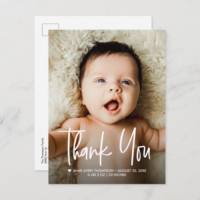 Baby Photo Thank you Modern Design Birth Meddelande Vykort (Fram/baksida)