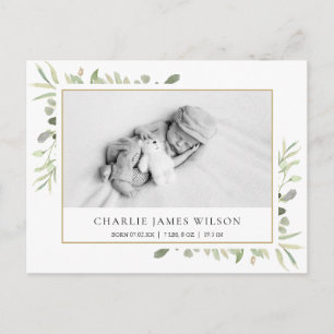 Baby Photo Watercolor Greenery Birth Tack Vykort