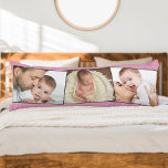 Baby Photo ZigZag Bild Montage Personlig Kroppskudde<br><div class="desc">Skapa din egen unika kroppskudde med 3 av din favoritkudde baby bilder. Fotomallen har ställts in för att skapa fotokollage i ett subtle zigzag montage. Dina foton visas i liggande format och ramas in med smalt grått gräns. Du kan också lägga till baby namn och födelsedatum (eller annan anpassningsbar) på...</div>