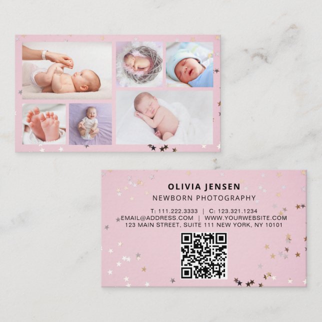 Baby Photographer Custom Newborn Photo Chic Modern Visitkort (Fram/baksida)