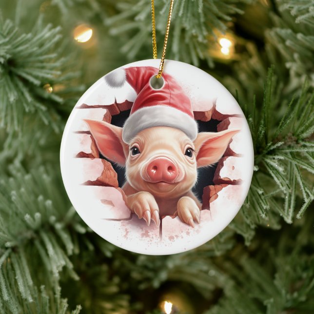 Baby Pig in Santa Hat - 3D Julgransprydnad Keramik (Träd)