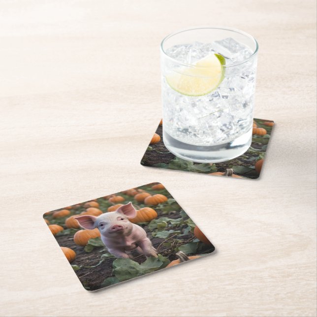 Baby Pig in the Pumpkin Patch, Underlägg Papper Kvadrat (Insitu)