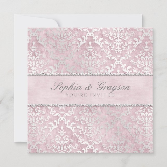 Baby Pink Glimmer Damask Bröllopsinbjudan Inbjudningar (Framsida)