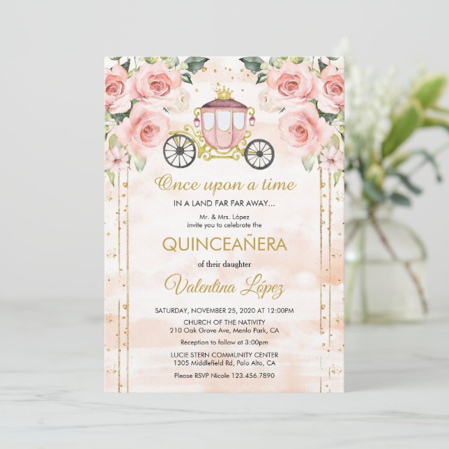 Baby Pink Roses Prinsessa Askungen Quinceañera Inbjudningar (Stående Fram)