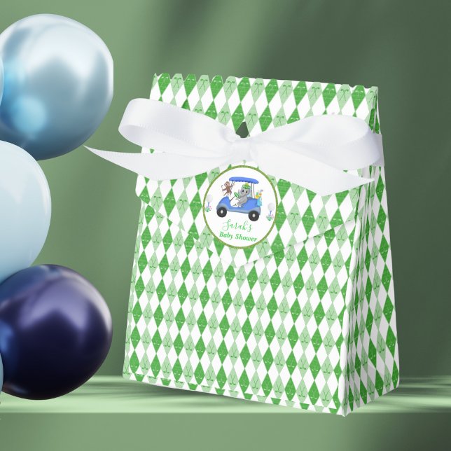 Baby Pojke Elefant & Apa Golf Baby Shower Retur Presentaskar (This unique golf design has the Elephant and Monkey golf cart with the diamond green pattern.)