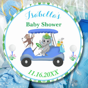 Baby Pojke Elefant & Apa Golf Baby Shower Retur Runt Klistermärke