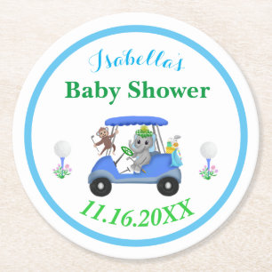 Baby Pojke Elefant & Apa Golf Baby Shower Retur Underlägg Papper Rund