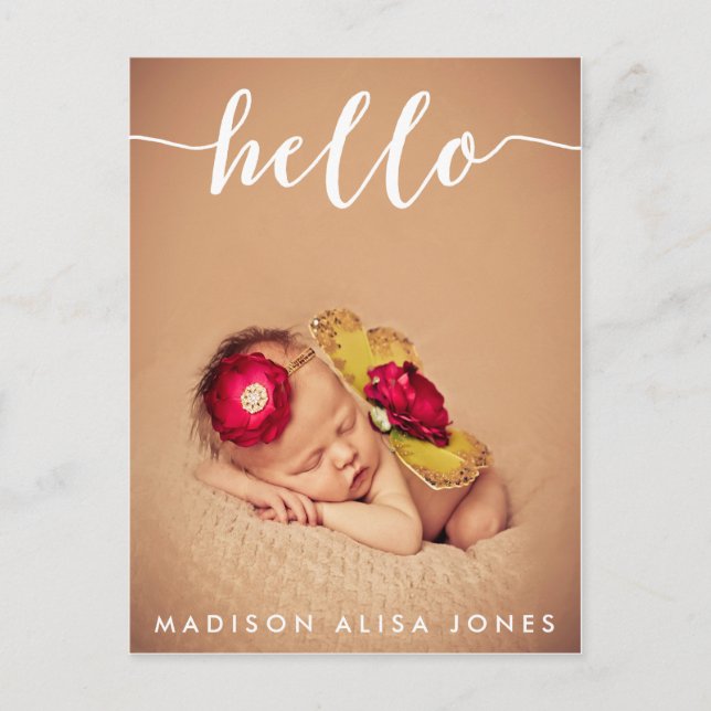 Baby Pojke eller Flicka Hej Foto Födelseannons Meddelande Vykort (Framsida)