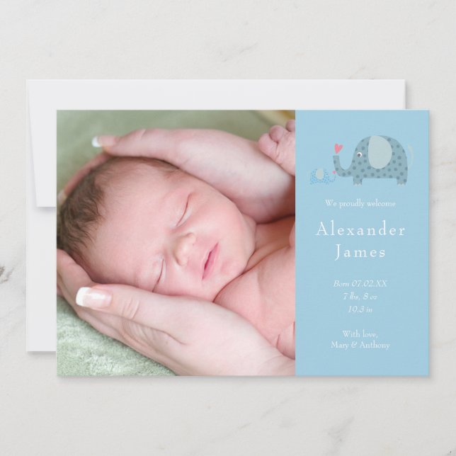 Baby Pojke Foto Blå Prickiga Elefanter Födelse Meddelande (Framsida)