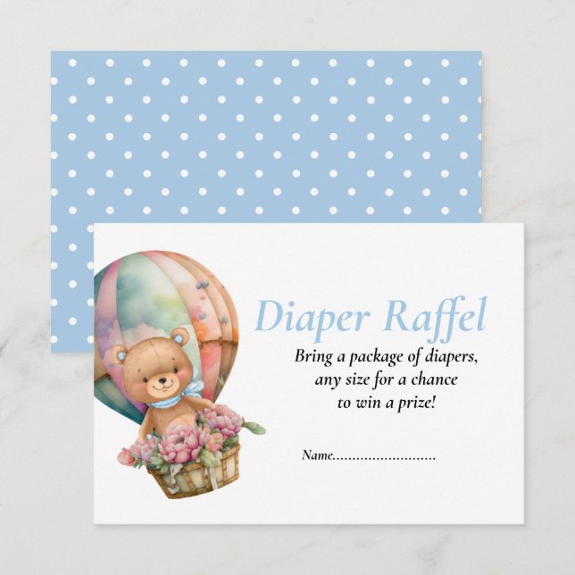 Baby pojke shower blå teddy ballonger blöja Raffel Inbjudningar (Fram/baksida)