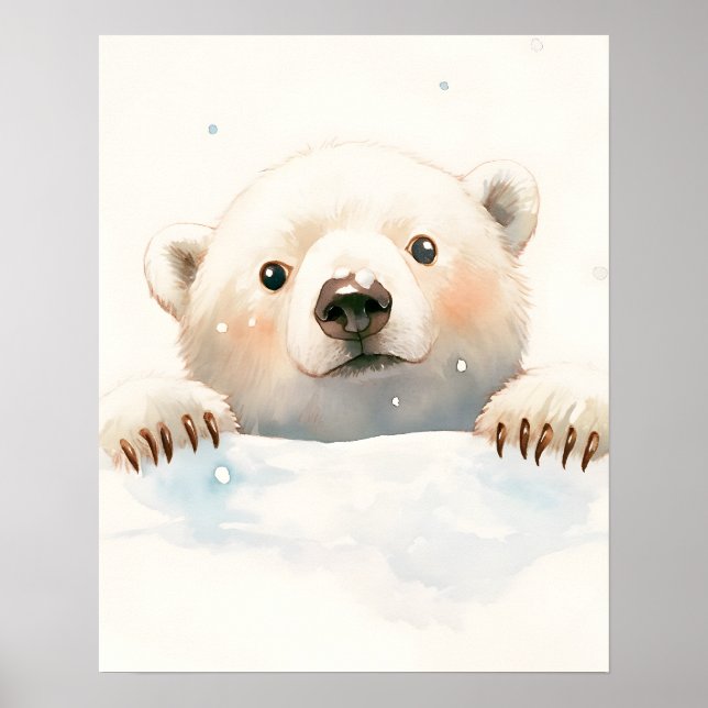 Baby Polar Bear In the Snow Holiday Painting  Poster (Framsidan)