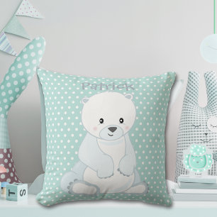 Baby Polar Bear Pastel Grönt Polka-Dot Monogram Kudde