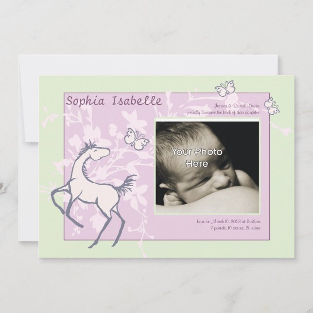 Baby Pony och Butterflies Girl Birth Notice Meddelande (Framsida)