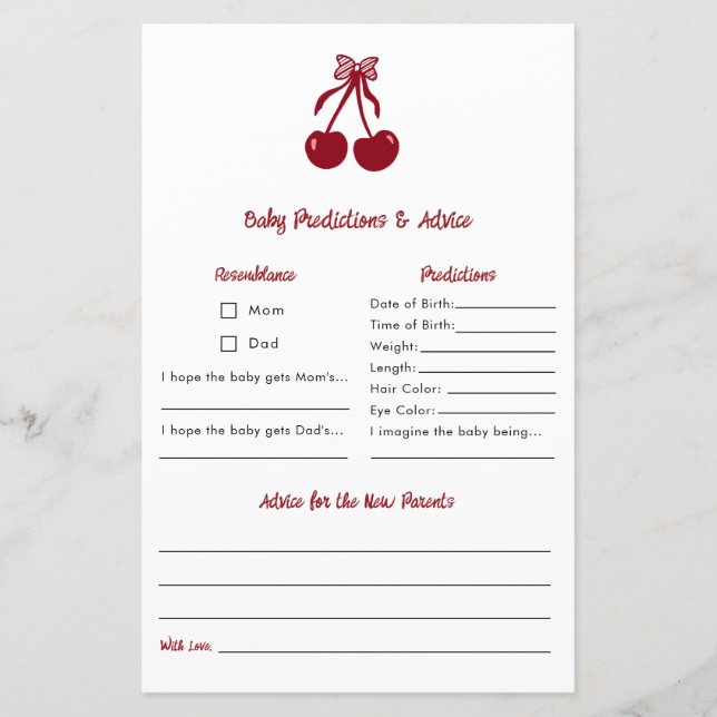 Baby Predictions Advice Cherry Bow Baby Shower (Framsida)