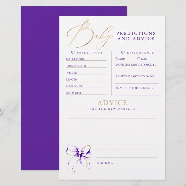 Baby Predictions and Advice Baby Shower Game (Fram/baksida)