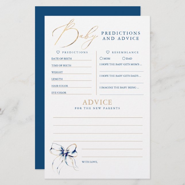 Baby Predictions and Advice Baby Shower Game (Fram/baksida)